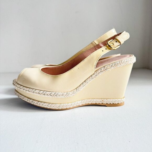 Stuart Weitzman Nide Ivory Beige Patent leather Wedge Peep Toe Heels 6 - Picture 6 of 11